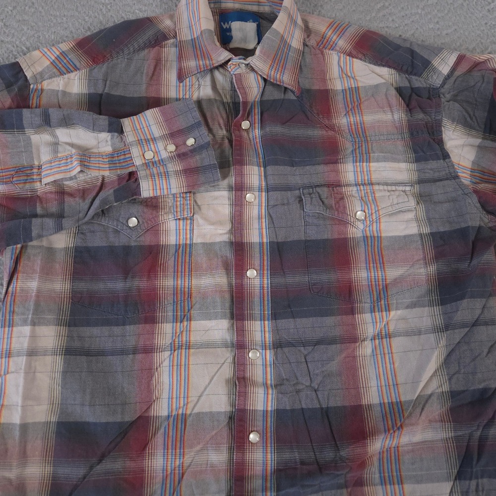 VINTAGE‎ Wrangler Shirt Mens Medium Blue Red Plaid Pearl Snap Western Yoke Y2K